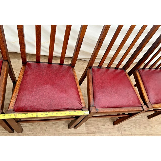 Wood Antique Craftsman Chairs Set of Four, Spindle Back Solid Oak, Maroon Vinyl Seats For Sale - Image 7 of 10