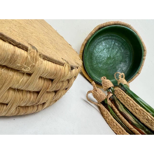 Vintage French Green Ceramic Glazed Bowls with Straw Base, 1970s, Set of 5 For Sale - Image 6 of 12