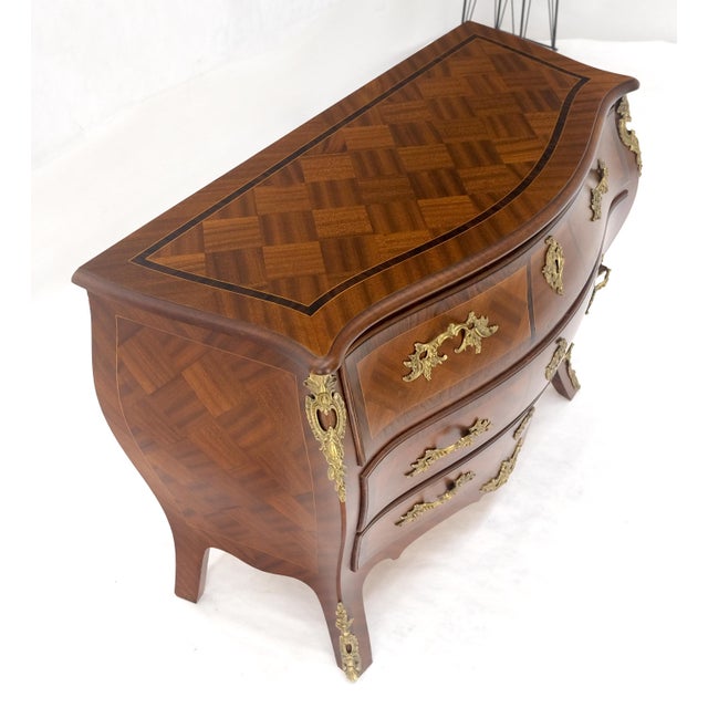 Brown Bombe French Parquetry Top Bronze Mount Ormolu Mount 3 Drawers Dresser MINT For Sale - Image 8 of 17