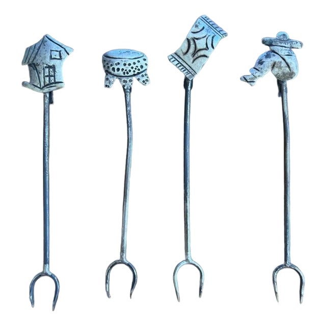Vintage 925 Sterling Silver Figural Cocktail Picks – Man, Drum, Blanket & House For Sale