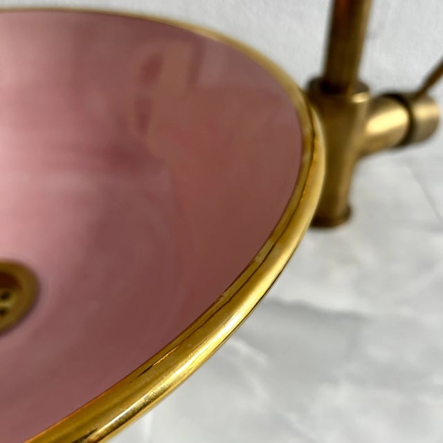 White & Pink Ceramic Sink With 14k Gold Rim Vessel Round Sink Bowl With Drain For Sale - Image 6 of 7