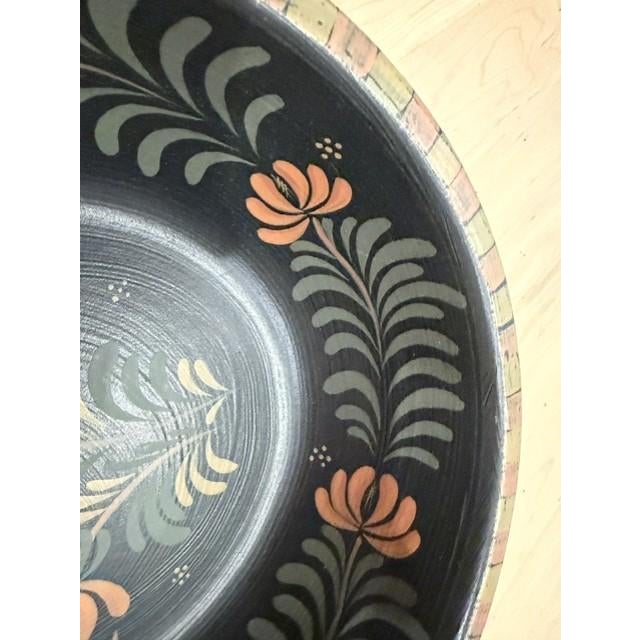 Vintage Rare Pennsylvania Dutch Hand Painted Classic Black Wooden Bowl Signed 12" For Sale - Image 10 of 10