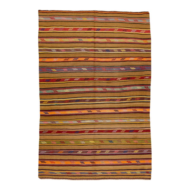 1960s Vintage Kilim Handmade Multicolor Stripe Wool Rug For Sale