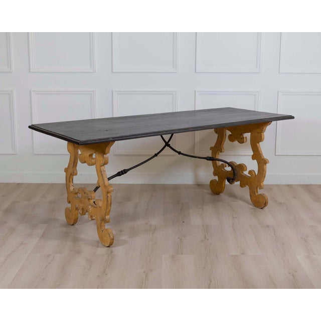 Italian 19th Century Large Italian Lacquered Lyre Table in Siena Yellow and Dark Brown For Sale - Image 3 of 8