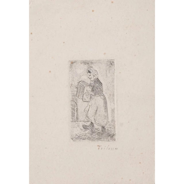 Musician is an original etching print on ivory-colored paper realized by Carlo Alberto Trilussa. Hand-signed on the lower...