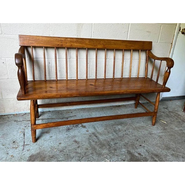 19th Century Antique Early American 19th Century Spindle Back Deacon Primitive Bench For Sale - Image 5 of 11