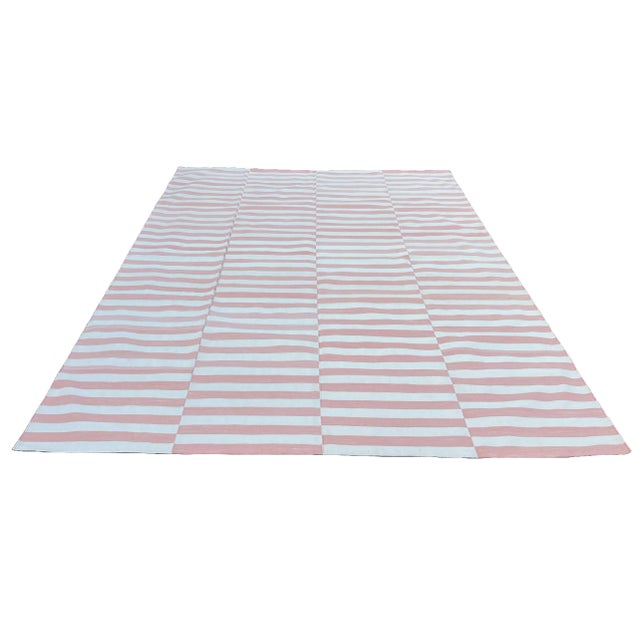Handwoven Cotton Area Rug, Vegetable Dyed, Pink and Cream Striped Dhurrie - 12'x15' For Sale - Image 9 of 10