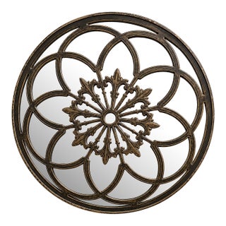 Large Aged Bronze Gothic Rosette Round Wall Mirror For Sale