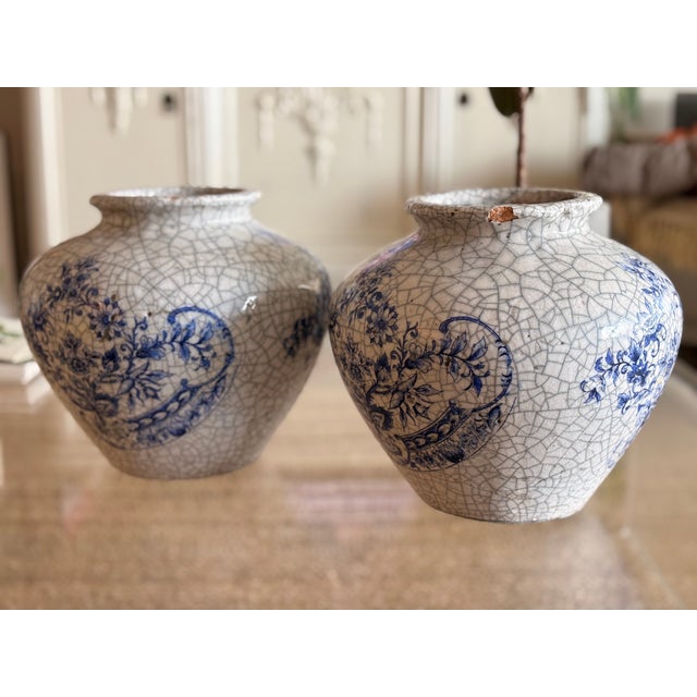 1950s Vintage Large French Clay Crackle Glaze Set of 2 Pots Urn Vase For Sale - Image 5 of 16