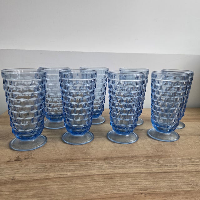 Set Of 8 Vintage Indiana Glass Colony Whitehall Cubist Ice Blue Tumblers 6" MCM modernist. Looks spectacular on your...