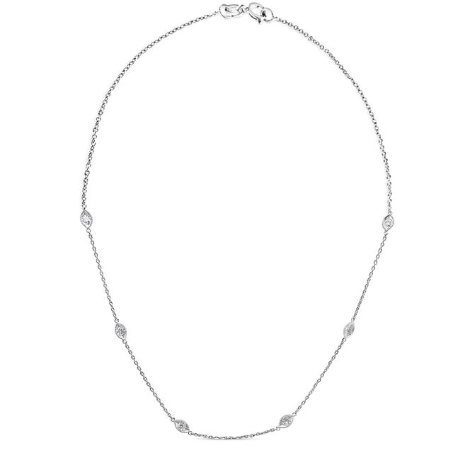 Early 21st Century 14K White Gold 1.00 Cttw Bezel Set Round Diamond Marquise Shaped Milgrain Station 18" Collar Necklac For Sale - Image 5 of 7