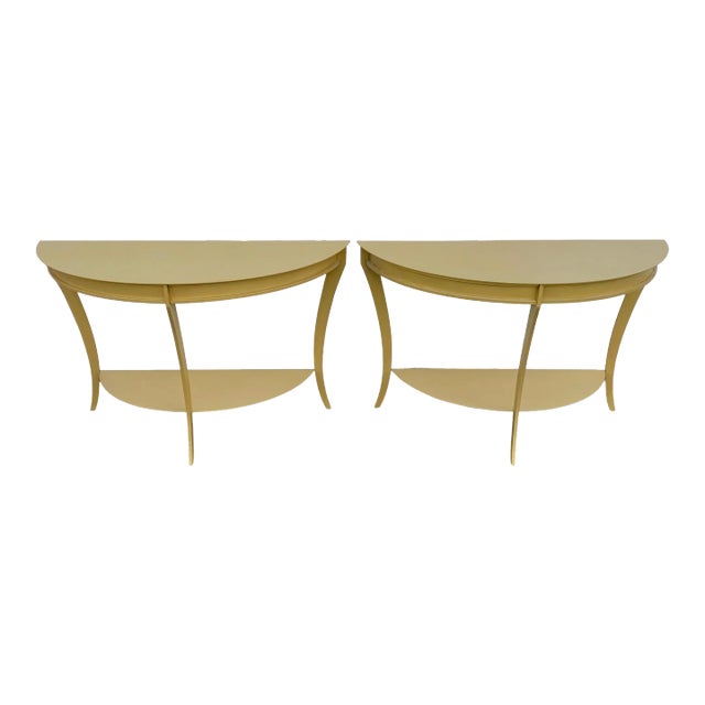 Vintage Mastercraft Style Demilune Console Tables in Gold Brass Coated Steel - A Pair For Sale