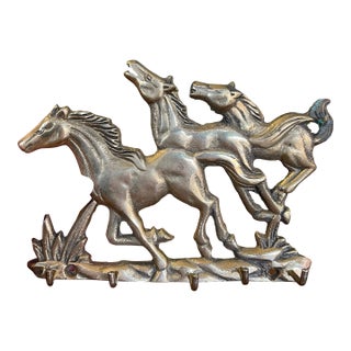 Vintage Brass Toned Galloping Horses Wall Hook Rack - Equestrian Decorative Key or Jewelry Holder For Sale