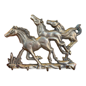 Vintage Brass Toned Galloping Horses Wall Hook Rack - Equestrian Decorative Key or Jewelry Holder
