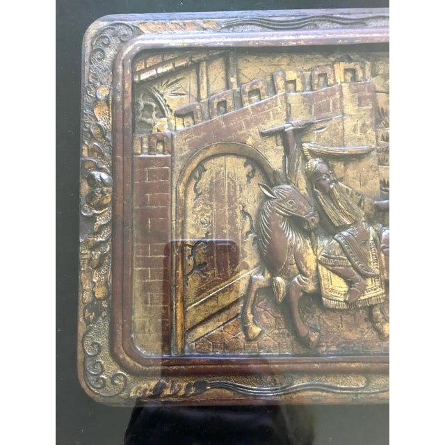 Chinese 19th Century Antique Framed Chinese Carved Gilt Wood Warriors on Horseback Wall Panel or Fragment For Sale - Image 3 of 7