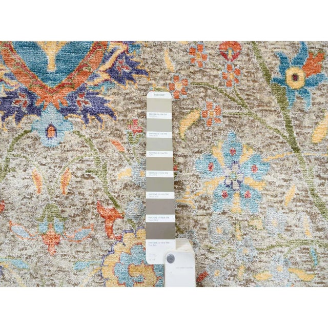 2010s Tan, Hand Knotted, Sickle Leaf Design, Silk With Textured Wool, Oriental, Square Rug For Sale - Image 9 of 12