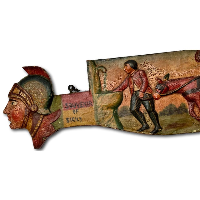 Outstanding Large Antique Hand Carved & Beautifully Painted Wood Italian Sicilian Donkey Cart Relic Fragment - 36 Inches Long For Sale - Image 9 of 18