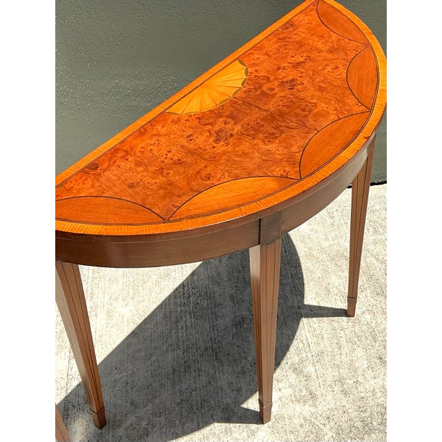 Vintage Regency Sunburst Burl Wood Demilune Tables - A Pair For Sale - Image 4 of 12