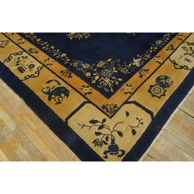 Textile 1920s Blue Navy Vase Floral Antique Chinese Peking Carpet 9'2" X 11'6" Rug For Sale - Image 7 of 10