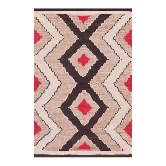 1930s Brown Earth Tone Diamond Antique American Navajo Rug 3.03 X 5 Flatweave Wool Carpet For Sale