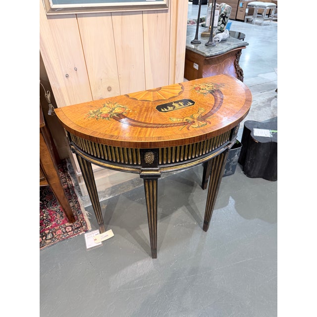 Antique Neoclassical Marquetry Demilune Console Table For Sale - Image 4 of 9