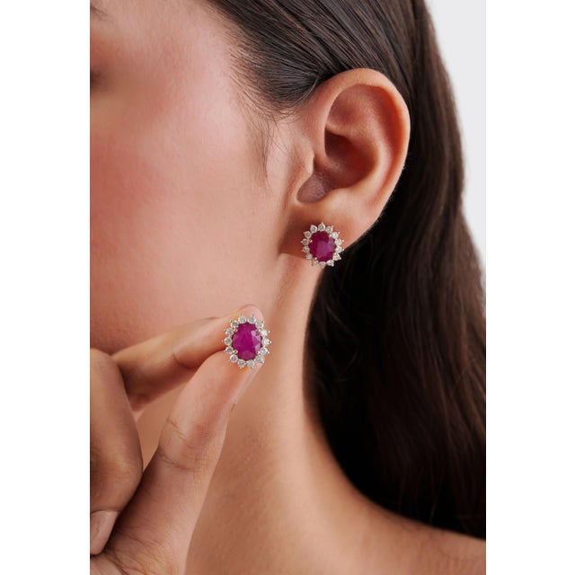 Not Yet Made - Made To Order 18k Gold 4.86ct Vivid Red Ruby & 1.04ct Diamond Halo Sunburst Stud Earrings- 2 Pieces For Sale - Image 5 of 16