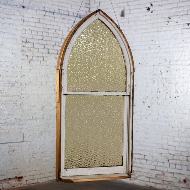 Wood Early to Mid-20th Century Gothic Style Rustic Wood Window With Amber Dimpled Glass For Sale - Image 7 of 12