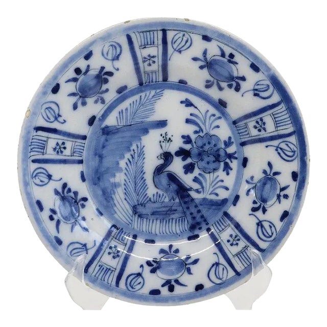 Dutch Delft Kraak Style Tin-glazed Earthenware Blue and White Peacock Plate For Sale
