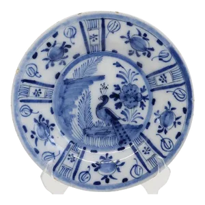 Dutch Delft Kraak Style Tin-glazed Earthenware Blue and White Peacock Plate