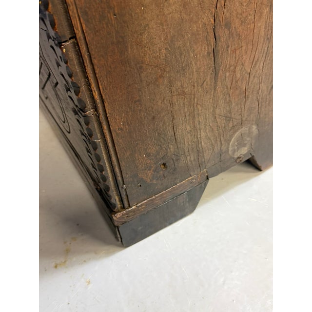 Antique English Carved Oak Trunk, 1650 For Sale - Image 13 of 18