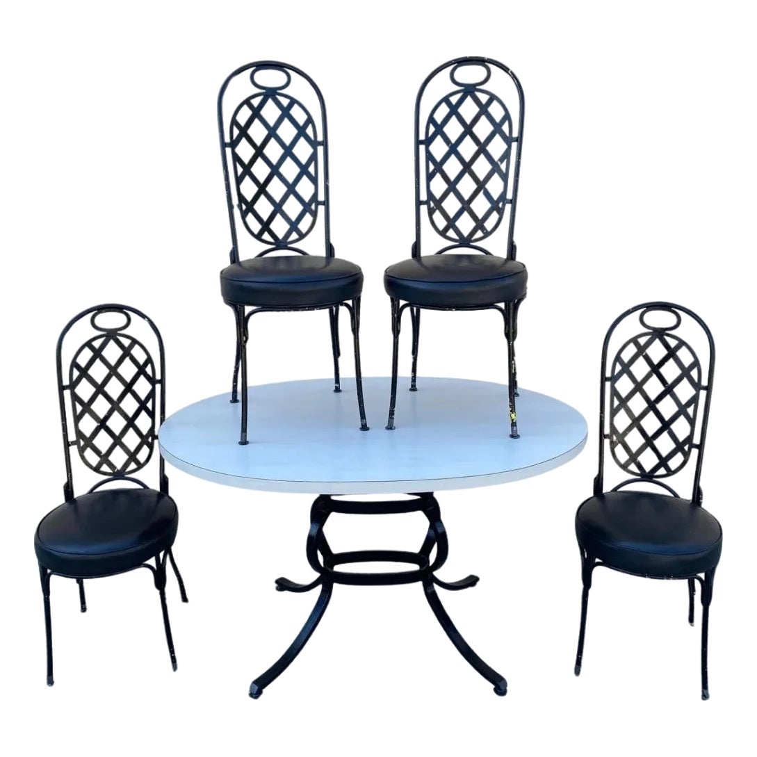 Vintage Mid Century Modern Black Iron Kitchen Dining Set 4 Chairs Table ...