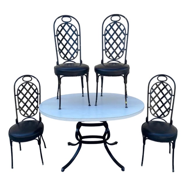 Vintage Mid Century Modern Black Iron Kitchen Dining Set 4 Chairs Table 5 Pc Set For Sale