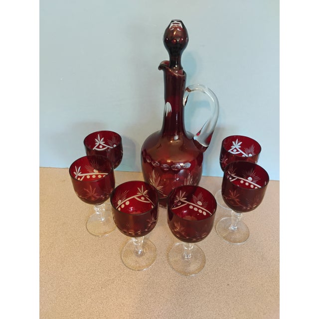 Traditional 1960s Bohemian Glass Decanter Set, Ruby Red Cut to Clear- 7 Pieces For Sale - Image 3 of 8