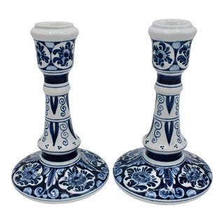 Vintage Dutch Delft Blue and White Candlesticks For Sale