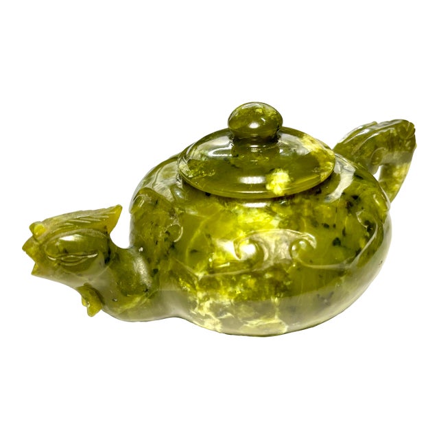 Early 1900s Natural Translucent Jade Bowenite Carved Fengshui Dragon Tea Pot. For Sale