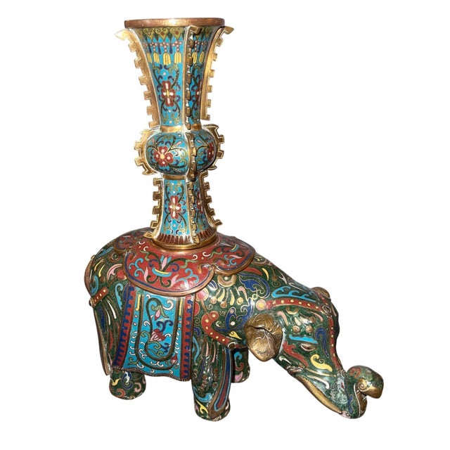 Pair of 19th Century Chinese Cloisonné Elephant Gu Vases For Sale - Image 9 of 10