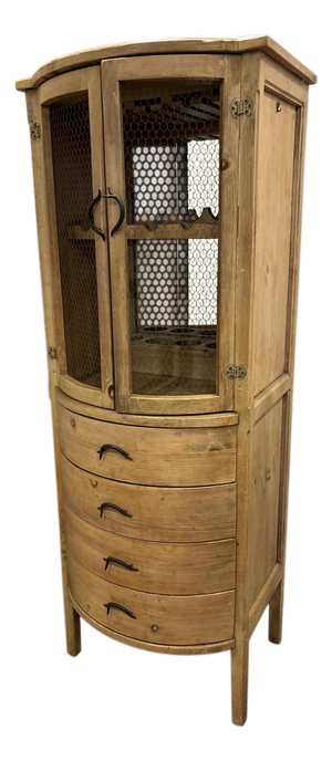 Late 20th Century Rustic Solid Wood Wine Cabinet With Chicken Wire Doors & Bottle Storage