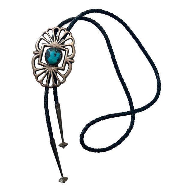 1960s Native American Turquoise Silver Bolo Tie For Sale