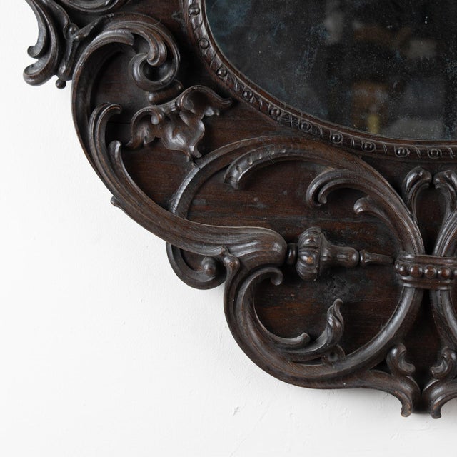 Early 20th Century Carved Oval Dark Oak Mirror From Portugal For Sale - Image 9 of 10