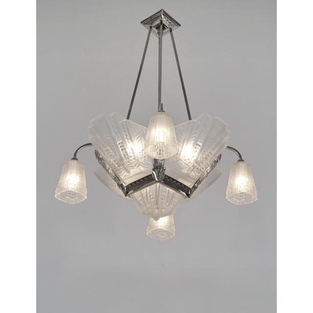 Jean Gauthier (EJG) chandelier A stunning French 1925-1930 art deco chandelier in nickel plated solid brass or bronze...