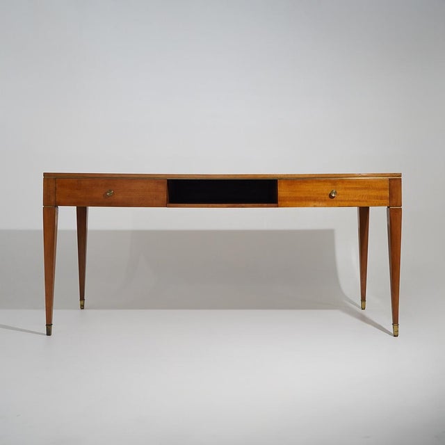 Mid-Century Modern Vintage Walnut Desk with Brass Details, 1950s For Sale - Image 3 of 15