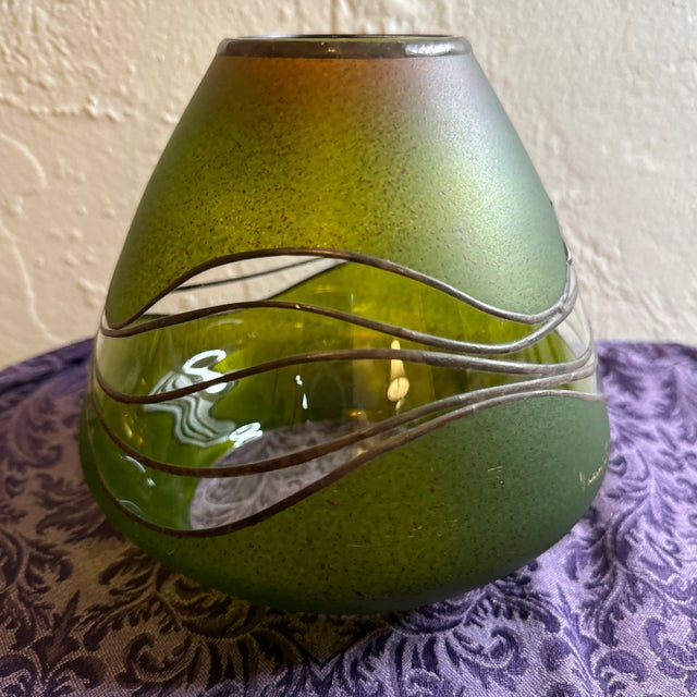Metal Vintage Green Glass and Metal Artist Signed Vase For Sale - Image 7 of 10