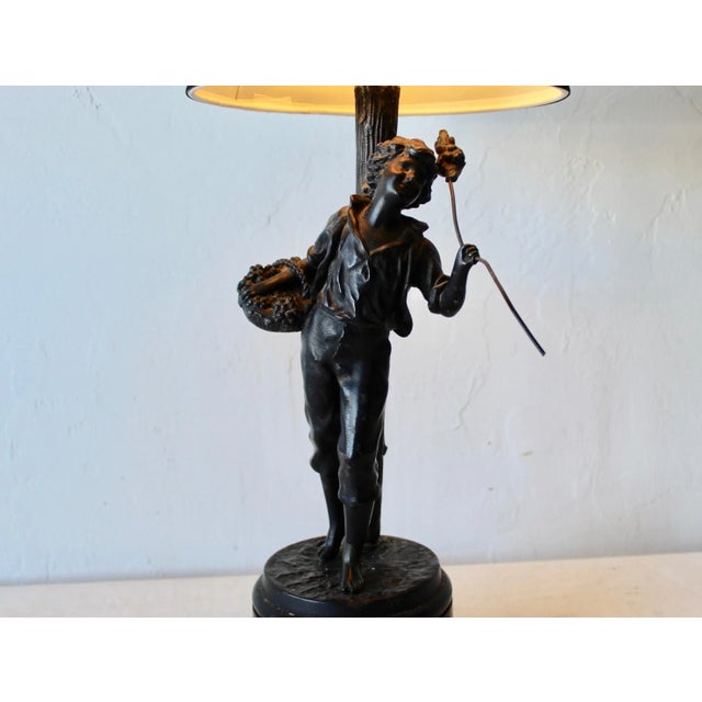 Emile Bruchon Style Figural Table Lamp Farm Boy Picking Grapes Details Vintage Mid Century, in good unrestored vintage...