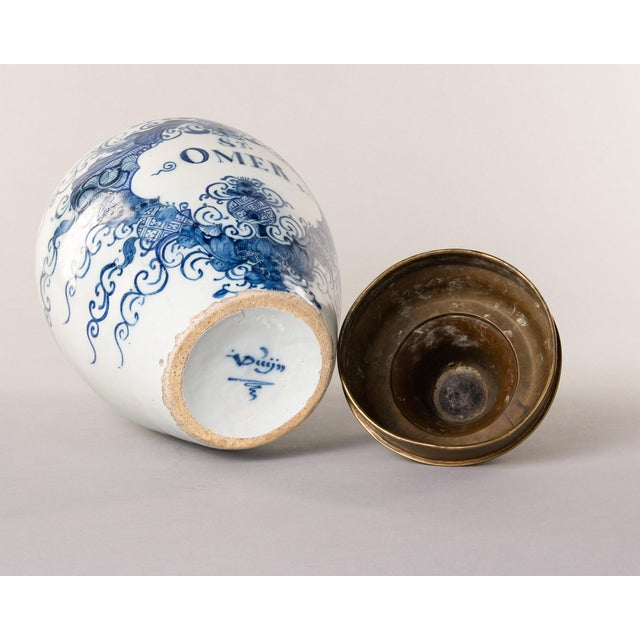Blue Dutch Delftware Blue & White Tobacco Jar, "St. Omer," With Brass Lid, Early 19th Century For Sale - Image 8 of 9