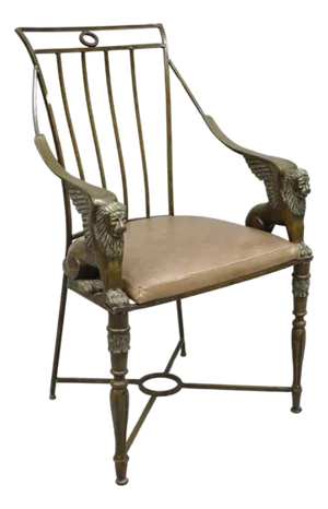 Vintage Egyptian Revival Lion Sphinx Wrought Iron Regency Style Arm Chair