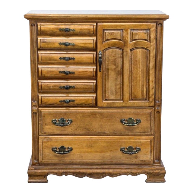 Vintage 8-Drawer Wooden Dresser With Cabinet and Decorative Handles For Sale