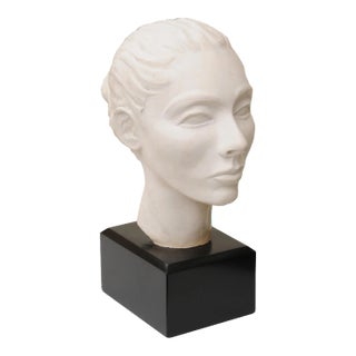 Vintage Plaster of Paris Female Head Bust Sculpture on Black Wood Base, Restored, Italy, 1960's For Sale