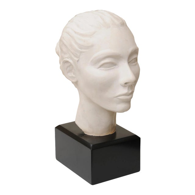Vintage Plaster of Paris Female Head Bust Sculpture on Black Wood Base, Restored, Italy, 1960's For Sale