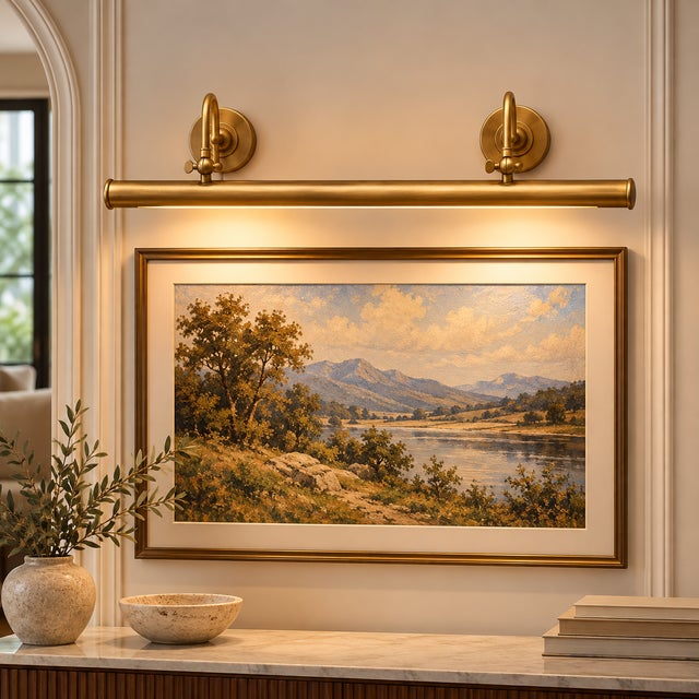 Metal Handcrafted Brass Double-Arm Picture Light for Large Artwork & Gallery Walls For Sale - Image 7 of 8
