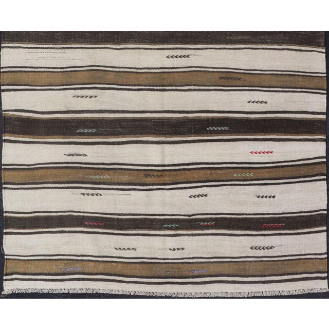 Vintage Turkish Kilim Rug With Ivory, Brown, Olive and Red Stripes For Sale In Atlanta - Image 6 of 11